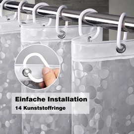 EurCross Anti-Mould Shower Curtain 200 x 200 cm with 3 Stronger Magnets Bottom, Transparent, Waterproof, Washable, EVA Shower Curtains, 3D Pebbles Pattern with 14 Rings