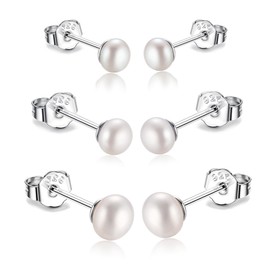Set of 3 Pearl Earrings Silver 925 White Pearl Stud Earrings Real Pearls Freshwater Pearl Earrings Stud Freshwater Cultured Pearl Earrings Set of 3 Pairs, Sterling Silver, No Gemstone
