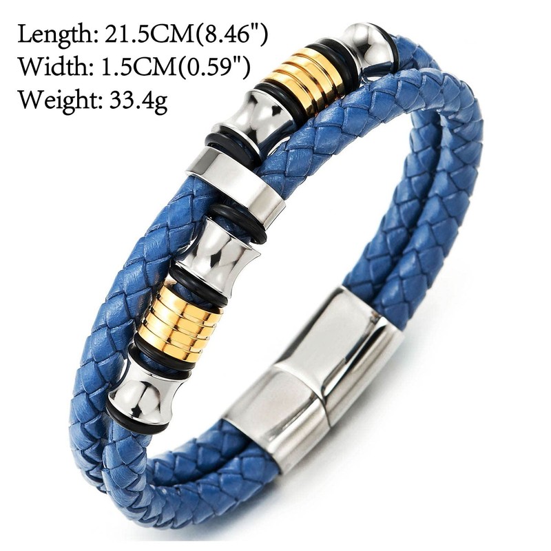 COOLSTEELANDBEYOND Mens Blue Braided Leather Bracelet Double-Row Bangle Wristband, Silver