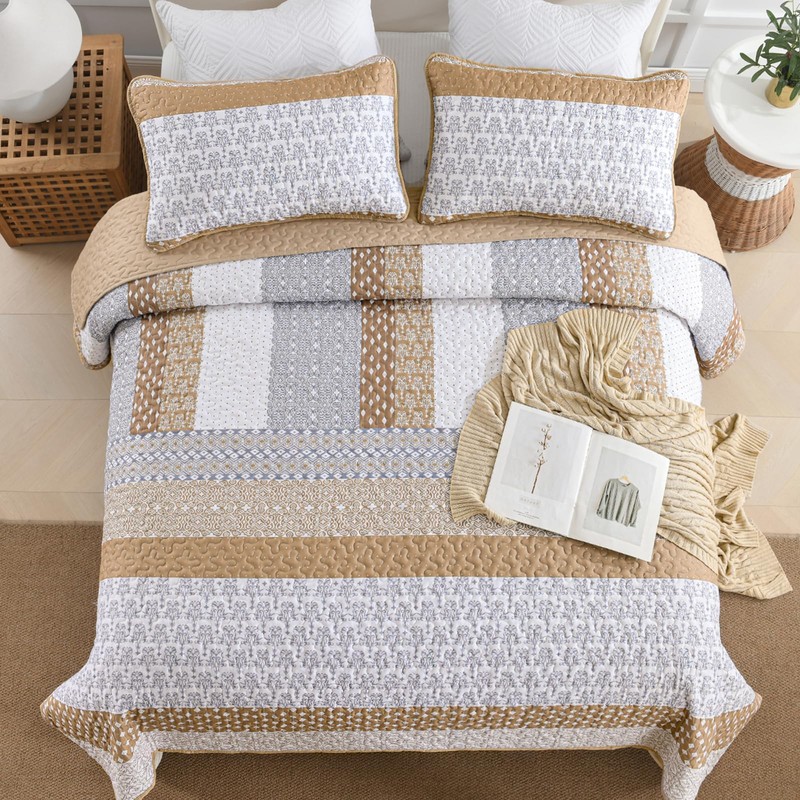WONGS BEDDING Brown Quilt Queen Size, Bohemian Stripe Quilt Sets
