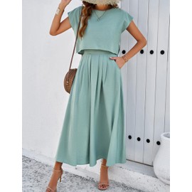 HangNiFang Summer Skirt Sets Women 2 Piece Outfits Cap Sleeve Top Elastic Waist Maxi Dress Sets with Pockets(1218-GreenX2-M)