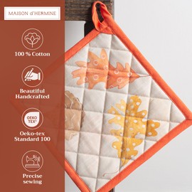 Maison d' Hermine Pot Holders Set 100% Cotton Heat Resistant Potholders 8" x 8" Hot Pads with Loop for Thanksgiving Christmas Decorations BBQ Baking Handling Hot Pans (Pack of 2, Colours of Autumn)