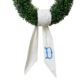 Monogram Wreath Sash for Front Door, White Embroidered Linen Wreath Sash, Porch Accessory for Xmas Party Yard, Wedding, and Boxwood Decoration, Indoor Outdoor Décor - (D)