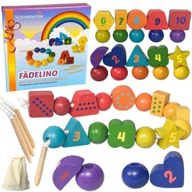 SCHMETTERLINE® Wooden Threading Game - Montessori Threading Game with 20 Large Wooden Beads and 4 Cords - Motor Skills Toy for Threading Beads for Children from 3 Years - Threading Bead Game