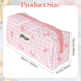 Ymapinc Bow Pink and White Pencil Case, Soft Zipper Bow Bag, Cute Pink White Aesthetic Zipper Checkered Quilted Pencil Pouch for Women Ideal Makeup Bag