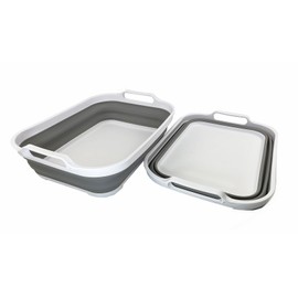 SAMMART Collapsible Tub - Foldable Dish Tub - Portable Washing Basin - Space Saving Plastic Washtub (Size L, White/Grey (Set of 2))