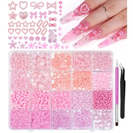 3D Assorted Chunky Nail Charms and Gems Kit, Pearls Bows Heart Star Cute 3D Flowers Rose Bear Macaron Round Beads Embellishments for Nail Art, Craft with Tweezer and Pickup Brush (6-20 Grids-Pink)