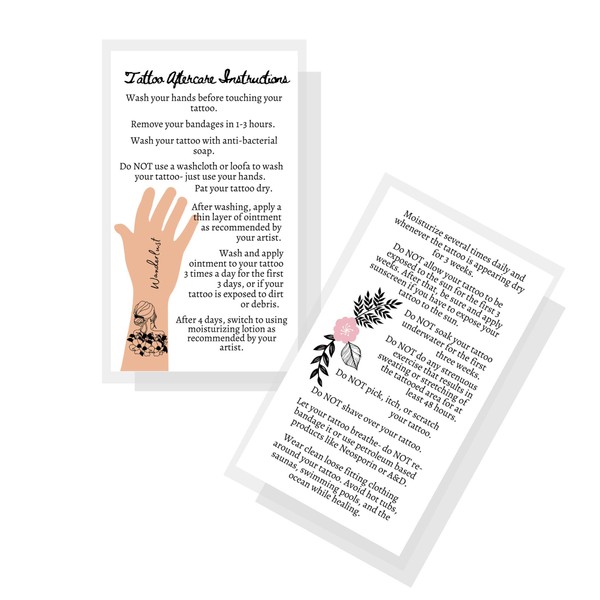 Boutique Marketing LLC Tattoo Aftercare Instructions Cards | 50 Pack | Double Sided Size 2 x 3.5inch inches Business Card | White with Girly Tattooed Hand Design white, black, beige, pink