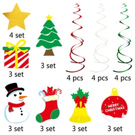 KUUQA 34 Pieces Christmas Hanging Swirl Decorations Kit Ceiling Swirl Decoration Christmas Tree Snowman Socks Gift Box Pentagram for Christmas Party Decoration