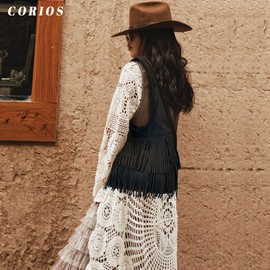 CORIOS Women's Suede Handbag Vintage Fringe Hobo Bags for Women Shoulder Bag with Tassels Retro Tote Bag Soft Faux Leather Handbags Elegant Work Shopper Travel Tote Bag, black