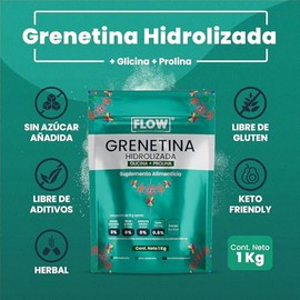 Flow Supplements | Grenetina Hidrolizada 1kg - Grenetina Sin Sabor - Glicina + Prolina - Colágeno Hidrolizado con Vitamina C y D - Sin Azúcar y Sin Gl