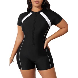 Floerns Women's Plus Size Colorblock Full Zip Short Sleeve One Piece Swimsuit Black 0XL