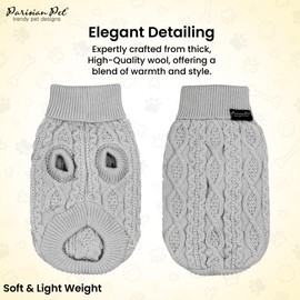 Parisian Pet Dog Sweater - Pull Over, Turtle Neck Gray Christmas Sweater for Dog - Cable Knit Thick Puppy Clothes- Fall, Winter Dog Sweaters - Flexible Arm Holes Dog Sweaters for Medium Dogs - M