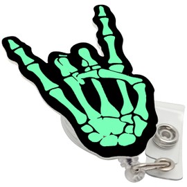 Carrete de insignia de rayos X que brilla en la oscuridad, carrete de insignia de radiología, carrete de insignia de esqueleto, mano de esqueleto, carrete de insignia de fantasma, rock on, tecnología