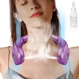 Neck Fans Portable Rechargeable Personal Misting Fan,Fold Up Compact Necklace Fan with Mist,Soundless Powerful Mobile Body Air Cooler with Digital LED Display, Presents for Adults Kids Elderly Purple