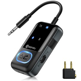 Bluetooth 5.3 Transmitter Adapter for Airplane 2-in-1 Wireless Bluetooth Audio Transmitter Receiver for 3.5mm Aux Jacks on Flight/TV/Gym Equipment, for up to 2 Wireless Headphones, Cell Phones