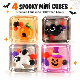 Halloween Sensory Squeeze Cubes 4-Pack, Mini Slow-Rebound Ice Cube Toys with Spooky Character Centers for Desk Play, Boo Baskets & Party Favors for Teens and Adults