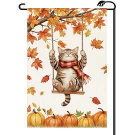 Fall Pumpkin Swing Cat Garden Flag 12x18 Inch Double Sided Autumn Thanksgiving Harvest Maple Leaves Small Flags Farmhouse Outside Decoration For Yard (ONLY FLAG) QJ91