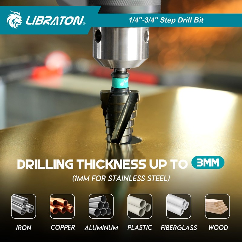 LIBRATON Four Spiral Flute Step Drill Bit, M35 Cobalt Unibit