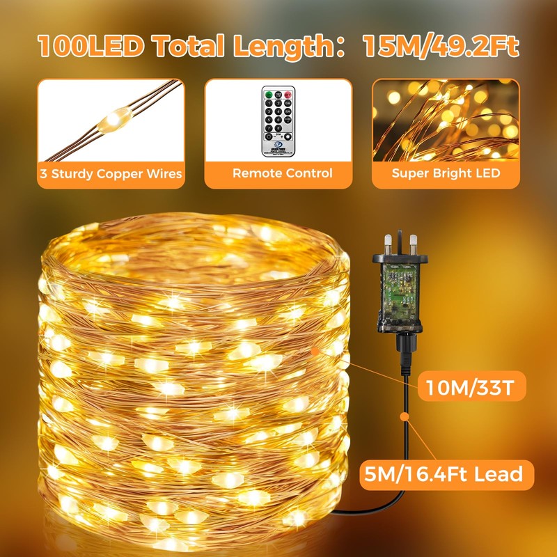 btfarm 10M 100LED Fairy Lights Plug in with Remote, Timer