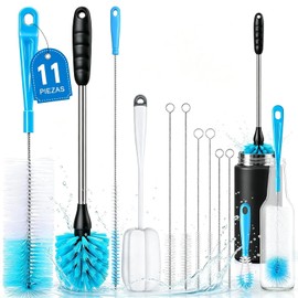 Juego de 11 Cepillo para Botellas con Mango Largo,Cepillo para Lavar Popotes Multifunción con Orificio para Colgar,Cepillo para Biberones para la Limpieza de Todo Tipo de Botellas,Termos,Tapón,Tarro