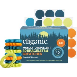 Cliganic Mosquito Repellent Bracelet Stickers Pack for Kids & Adults Multi Color, Natural DEET-Free, Essential Oil Infused 40 Bands with 60 Patches, Citronella Scent