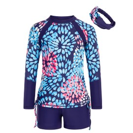 GRACE KARIN Girls Rash Guard Swimwear Long Sleeve Swimsuit Set 2-Piece Bathing Suit Navy 10Y