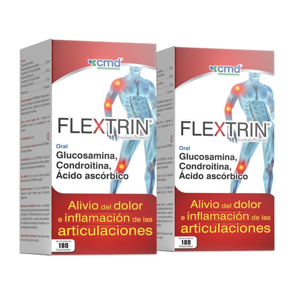 CMD - FLEXTRIN 180 - Glucosamina, Condroitina y Ácido Ascórbico - 2 Cajas con 1 Frasco de 180 comprimidos c/u