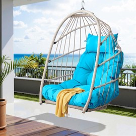 Hanging Egg Chair, HDPE Rattan Foldable Swing Chair with Aluminum Frame & UV Resistant Cushion, Hammock Egg Basket Without Stand for Indoor Outdoor Bedroom Garden, 350Lbs Capacity (Blue Cushion)