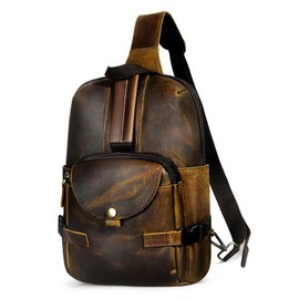 Handadsume Dick Crazy Horse Leather Triangle Shoulder Bag Sling Chest Bag Travel One Shoulder Bag Daypack for Men 8013, 3028 Brown
