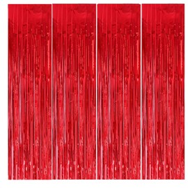 Tinsel, 4 tende con frange, in alluminio, 1 m x 3 m, colore: nero, tende in metallo autoadesive con frangia lucida per decorazioni per feste di compleanno, ballo, matrimonio (rosso)