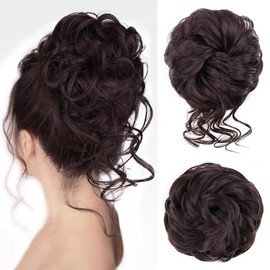 Vigorous Messy Bun Hair Piece for Women - 2PCS Synthetic Hair Pieces with Tousled Updo Hair Buns & Wavy Curly Texture Scrunchies Chignon Ponytail  - Easy to Wear & Versatile for Daily Use:_4/6A# Brunette Brown