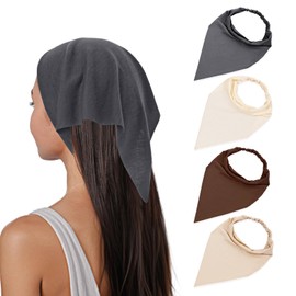 Sibba Triangle Bandana 4 Pcs Elastic Headband Boho Scarf Non Slip Head Scarves Coverings Neck Scarves Wraps Solid Large Cottons Cloths Stretch Headpiece for Women Mens Travel Party