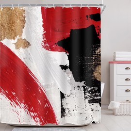 Riyidecor Red Black Gold Shower Curtain for Bathroom Decor 60Wx72H Abstract Modern Minimalist Aesthetic Oil Painting Simple Neutral White Art Printed Fabric Polyester Waterproof 12 Pack Plastic Hooks