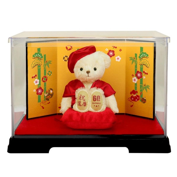 Petiluu 60th Birthday Teddy Bear Wearing Red Chanko (Gold Folding Screen Case) 60th Normal