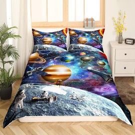 Homewish Planet Earth Bedding Set Solar System For Kids Duvet Cover Single,Cosmic Comforter Cover Mystery Outer Space Zodiac Astronaut Bed Set Galaxy Starry Sky Stars Constellation Bedroom Decor