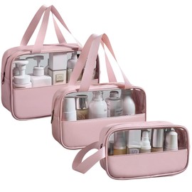 LEcylankEr Cosmetic Bag Transparent Pack of 3, Waterproof PVC Toiletry Bag for Women, Lightweight Makeup Bag for Cosmetics, Toiletry Bag Travel Set, pink, Modern