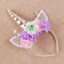 Nishine Unicorn Crown Headband Artifical Flower Glitter Horn Headbands for Birthday Cosplay Decor (Silver)
