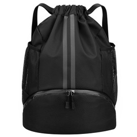 Sports Ball Bags with Dry Wet Separation Shoe Compartment, Water Resistant Drawstring Gym Bag Backpack, Side Mesh Pockets Gym Bag, Cricket Football Rugby Basketball Volleyball Backpack (BK)