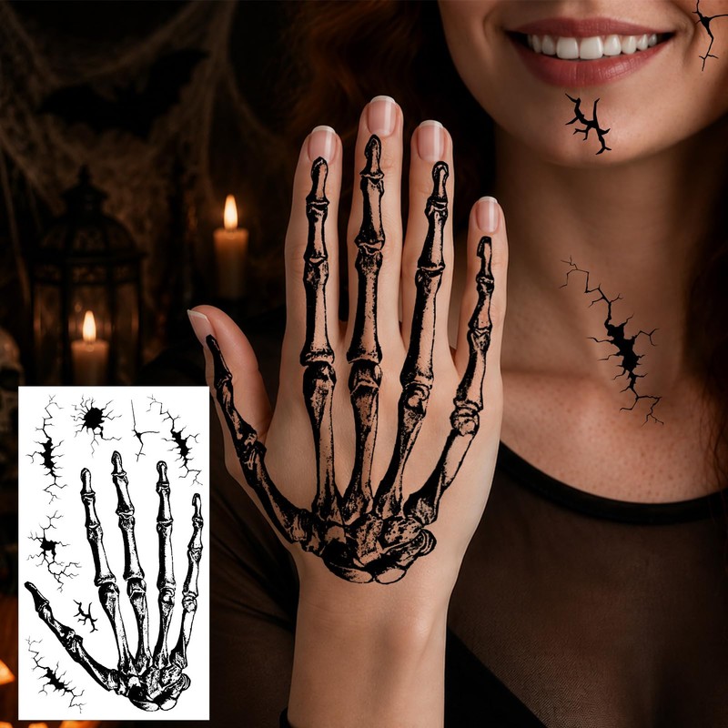 Konsait Halloween Skeleton Hand Tattoos, 4 Sheets Realistic Skeleton Hand