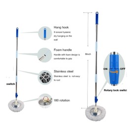 Spin Mop and Bucket Set, 360° Spinning Self-Wringing System with 3 Microfiber Refills and Adjustable 61" Stainless Steel Handle for Home Floor Cleaning (Blue)