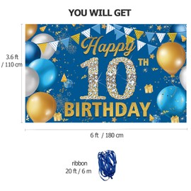 10th Birthday Decorations Backdrop Banner, Happy 10th Birthday Decoration for Boys, Blue Birthday Photography Background, 10 Year Old Birthday Party Backdrop Poster Fabric 6ft x 3.6ft PHXEY