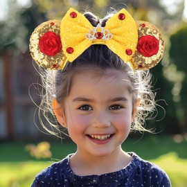 zhezesmila Mouse Ears Headbands for Women Princess, Rose Beauty Headband for Birthday Party Princess, Shiny Park Ears for Adult，Yellow