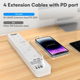 SE UKASE Extension Lead Power Strip Tower, 4 Way Socket 1200 Surge Protection with 2M /6.56FT Long Extension Cord Multi Plug 2990W Safety Shutter for TV PC Laptops Tablets