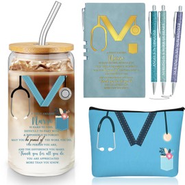 Locmeo 6 Pcs Nurse Practitioner Week Gifts for Women Include A6 Leather Notebook 16 oz Glass Cup Makeup Canvas Bag 3 Ballpoint Pen for Christmas Nurse Appreciation Gift(Blue)