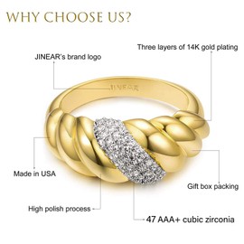 JINEAR 14K Gold Plated Croissant Ring Inlaid Cubic Zirconia Chunky Signet Stacking Thick Rings Braided Twisted Dome Statement Wedding Bands for Women and Girls（CZ croissant，5）