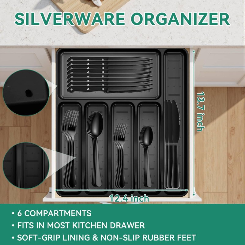 49-Piece Black Silverware Set with Organizer, Stainless Steel Flatware Set