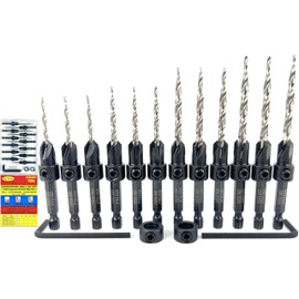 FTG USA Countersink Drill Bit Set 3 Pc #4(7/64") 3 Pc #6 (9/64") 3 Pc #8 (11/64") 3 Pc #10 (3/16") with Tapered Drill Bit for Woodworking