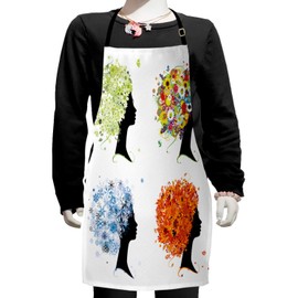 Ambesonne Colorful Apron, 4 Season Woman Hair Design Warm Toned Leaves Blooming Flowers and Snowflakes, Small Apron Bib with Adjustable Ties for Baking Painting, Small Size, Multicolor