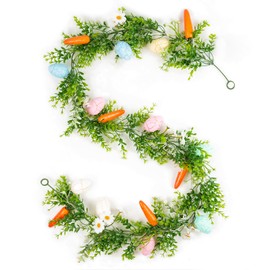 TYL&TYS 6FT Easter Lights Garland, Artificial Colored Eggs Spring Floral Vine Ornaments with Carrot Flower Easter Decorations Wreath for Holiday Party Home Tables Fireplace Indoor Outdoor Decor